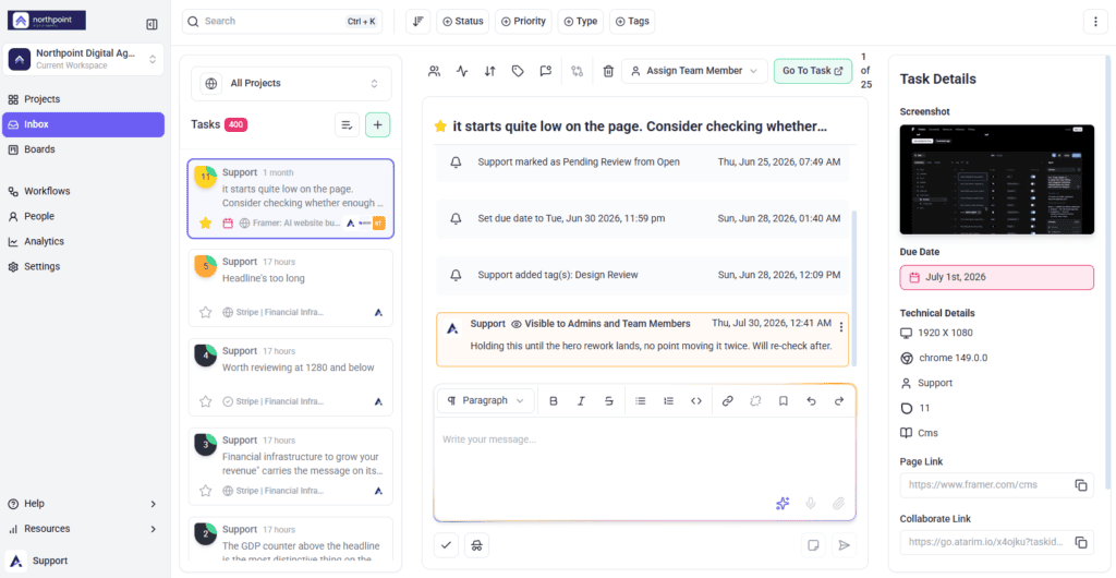Adding an internal note to a task