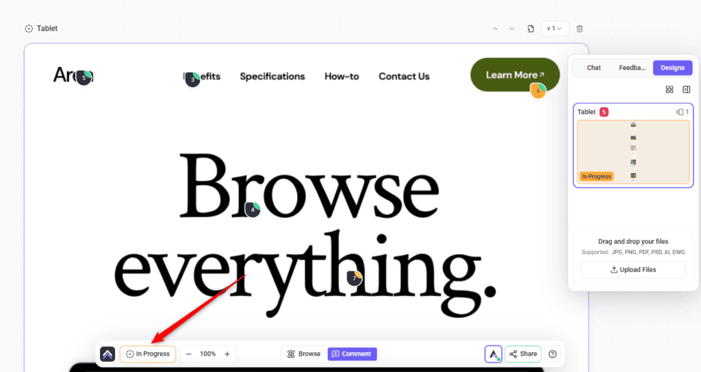 The Design Status control in the bottom bar