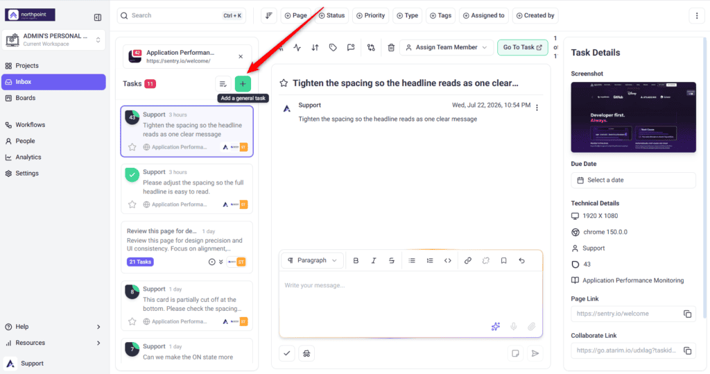 Create a General Task opened from the Inbox