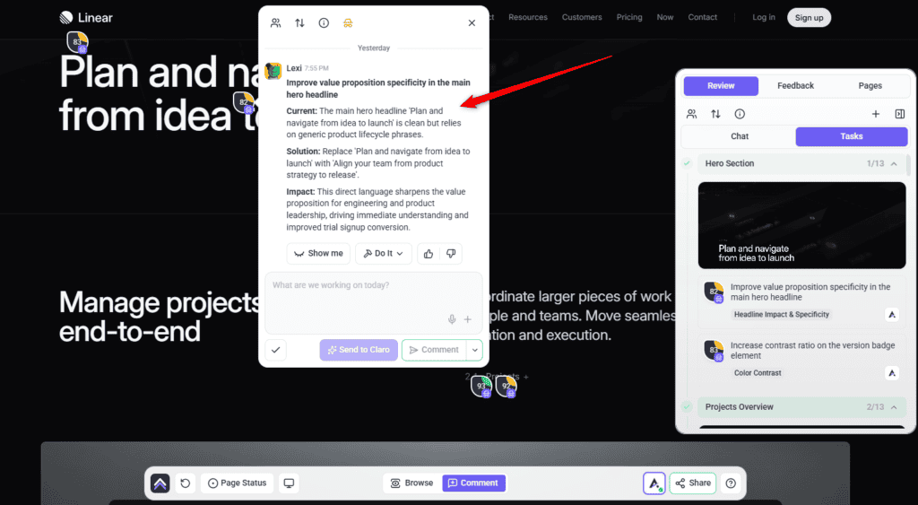 AI findings pinned to page elements as comments