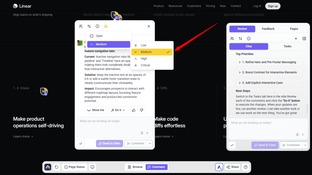AI findings shown as tasks pinned to page elements