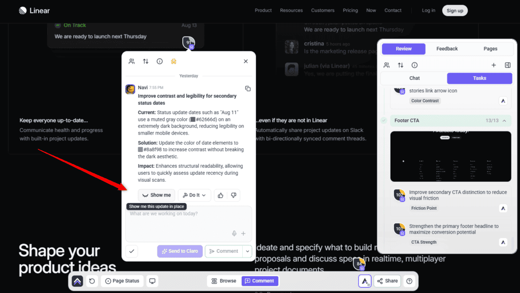 Previewing an AI change on the page with Show me