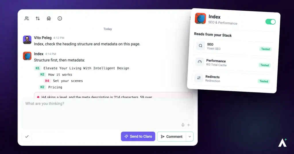 Index the SEO agent reporting on page structure and headings