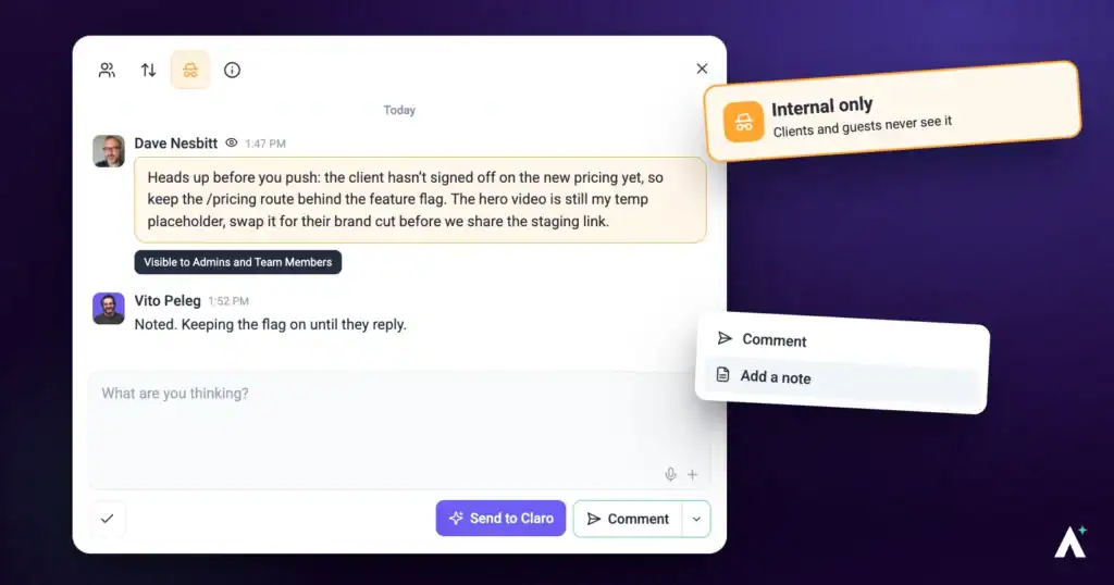 An internal Atarim note hidden from the client inside a comment thread