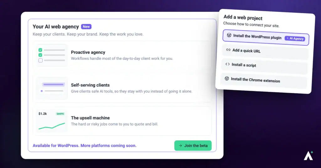The three pillars of Atarim shown when adding a first web project