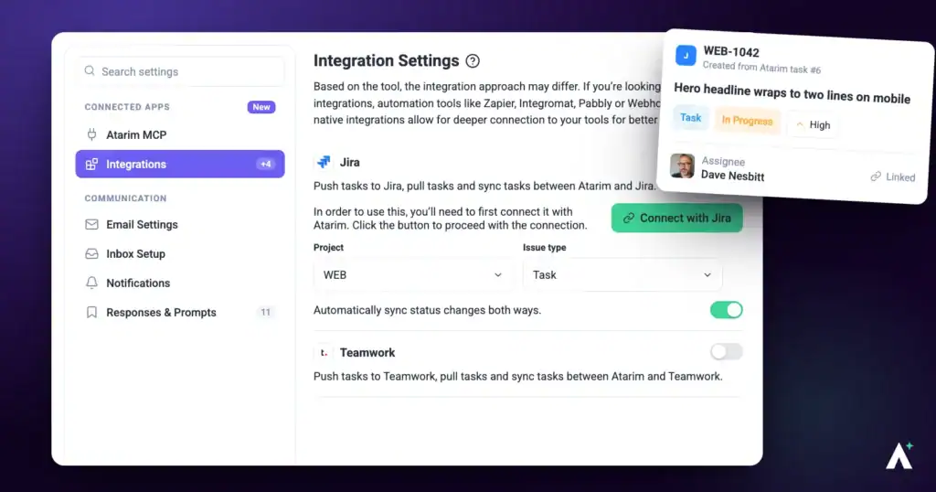 Atarim integration settings with Jira connected, beside a Jira issue list