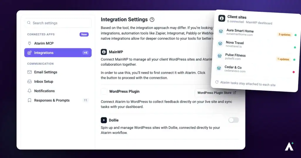 Atarim integration settings showing the MainWP connection