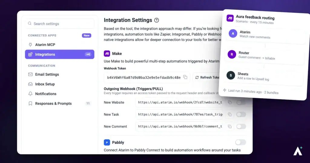 Atarim integration settings with Make connected for multi-step automations
