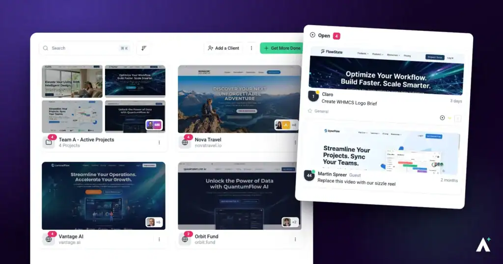 The Atarim projects screen with many client projects and their task counts