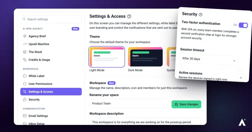 The Atarim settings screen with all five sections in the sidebar