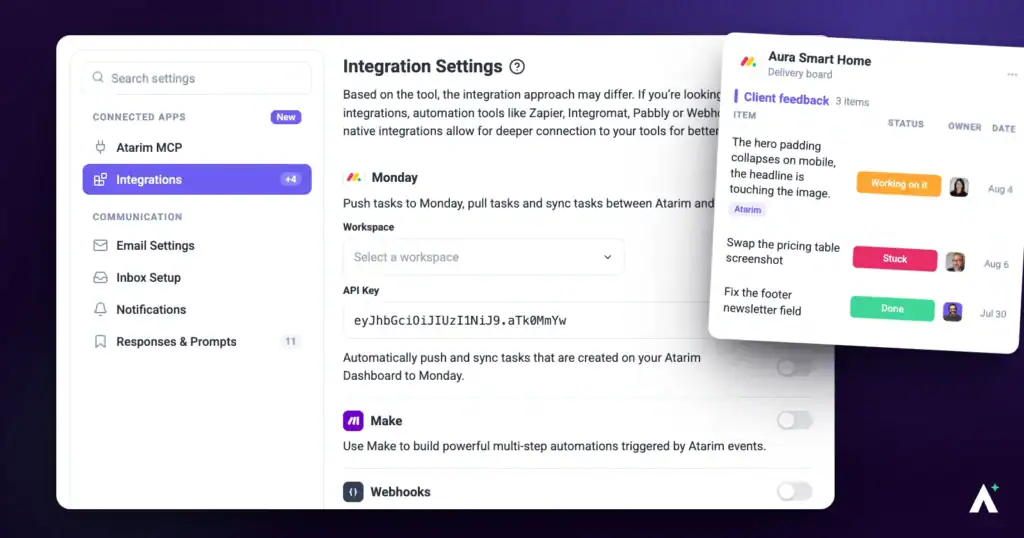 Atarim integration settings with monday.com connected, beside a monday board