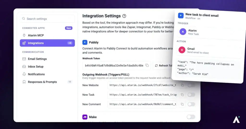 Atarim integration settings showing the Pabbly automation connection