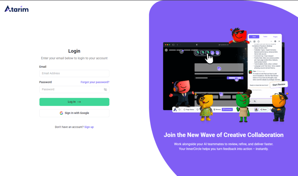 Atarim sign-up page with email and password fields