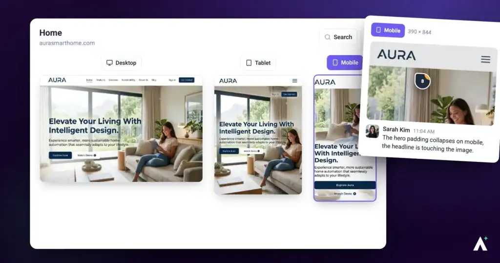 The same page reviewed in Atarim at desktop, tablet and mobile widths