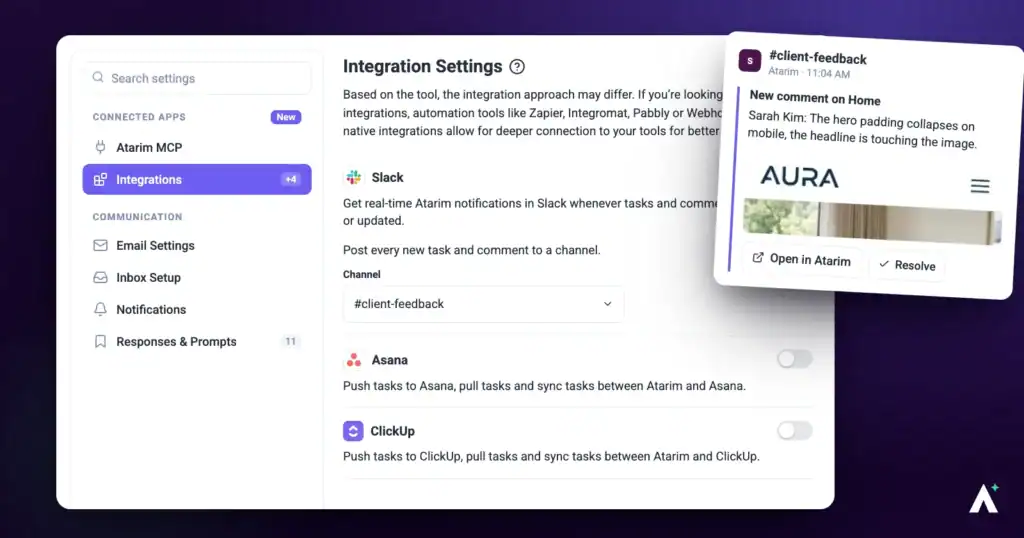 Atarim integration settings with Slack connected, beside a Slack task notification