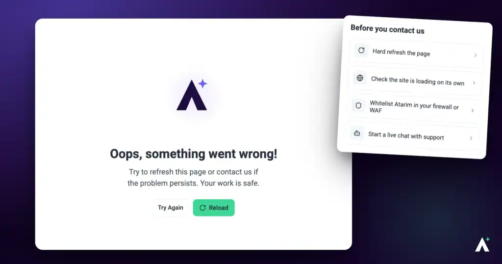 An Atarim error state with guidance on how to resolve it