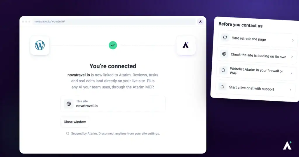 An Atarim project that will not load, with the failure state shown