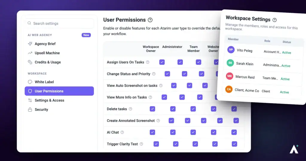 The Atarim role permissions matrix beside the workspace members table