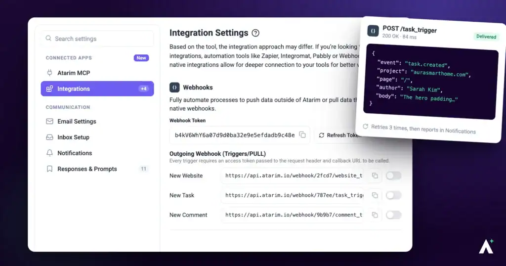 Atarim webhook settings with endpoint URLs for task and comment triggers
