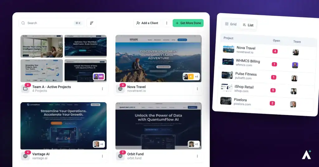 The Atarim websites screen with the project grid and toolbar